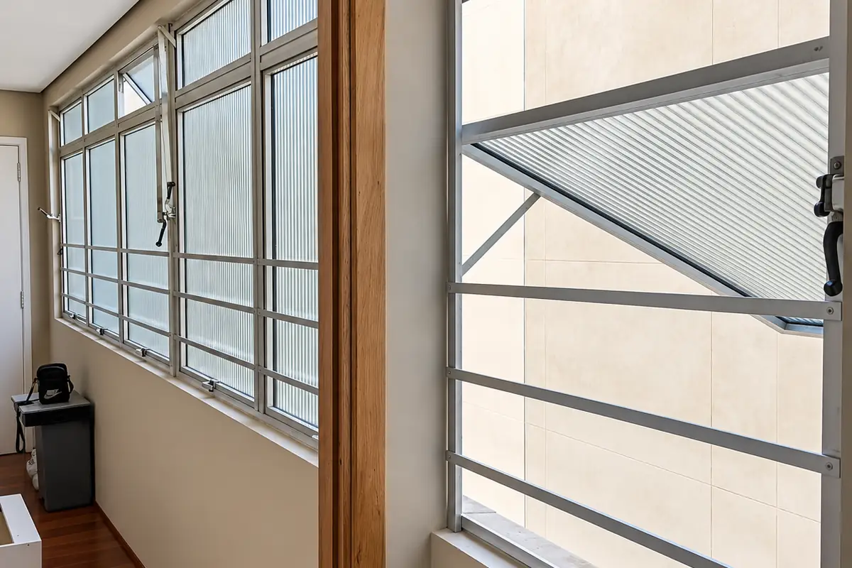 Janelas maxim-ar de alumínio com vidro canelado no corredor de um prédio