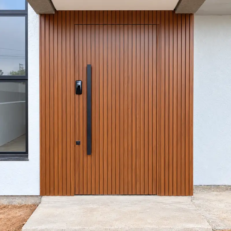 Porta pivotante ripada amadeirada com fechadura digital na entrada de uma casa